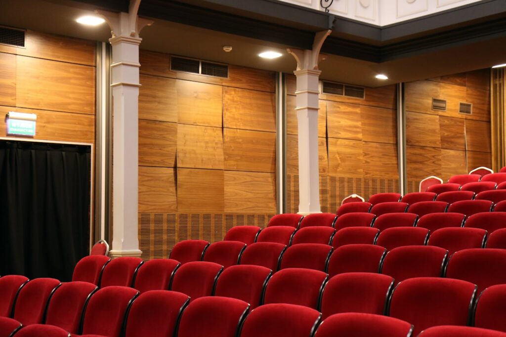 a red chairs in a theater