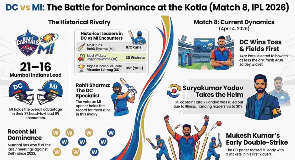 The Delhi Drama: 5 Most Impactful Takeaways from the DC vs MI IPL 2026 Showdown The Mumbai Indians arrived at the Arun Jaitley Stadium riding the high of Match 2, where they finally dismantled their 13-season opening-match jinx. However, Match 8 proved that T20 momentum is notoriously non-linear, especially when subjected to the oppressive "Delhi heat" of the season's first afternoon kick-off. While Mumbai sought to consolidate their position, a tactically brave Delhi Capitals side exploited the conditions and personnel shifts to provide a stark reality check to the five-time champions. 1. The Captaincy Curveball: Structural Shifts in Hardik’s Absence The tactical landscape shifted minutes before the toss when it was confirmed that Hardik Pandya was ruled out due to illness. While not a long-term injury concern, losing a primary seam-bowling all-rounder and middle-order linchpin created a significant structural vacuum. Stand-in captain Suryakumar Yadav (SKY) was forced into an immediate rebalancing act, handing an MI debut to Mitchell Santner to fortify the spin department, while bringing in Deepak Chahar to bolster the powerplay threat and Corbin Bosch to replace Trent Boult. Suryakumar Yadav addressed the leadership transition and team morale at the toss: "Hardik Pandya is unwell, so he is not playing. There is a lot of positivity in the camp after winning the first game in 13 years. We are happy to bat first as the toss is irrelevant. It doesn't matter if we bat or bowl first. We will try to put runs on the board." 2. The 148-Run Hangover: Non-Linearity in Opening Stands In Match 2 against KKR, Rohit Sharma and Ryan Rickelton looked invincible, forging a record-breaking 148-run partnership that suggested a new era of MI dominance. However, the "middle-over squeeze" started early in Delhi. The volatility of the format was laid bare as the same duo was dismantled before the Powerplay could even find its rhythm. For a strategist, this serves as a reminder that "form" is often venue-dependent; the carry of the Wankhede is a world away from the tactical grind required at the Arun Jaitley Stadium. Fixture Opening Partnership Performance MI vs KKR (Match 2) 148 Runs MI vs DC (Match 8) 18 Runs 3. The Mukesh Kumar Masterclass: Technical Precision at 114.7 kph While the pitch report hinted at a "balanced surface" favoring spinners, it was the seam-bowling discipline of Mukesh Kumar that provided the "ideal start" for Delhi. Mukesh exploited the early bounce and carry to produce a decisive double-strike in the third over, essentially breaking the back of the Mumbai top order before the spinners could even be sighted. * Over 2.3: Mukesh Kumar delivers a good length ball on the off-stump line; Ryan Rickelton (9) attempts to go down the ground but only finds the outer half of the bat, resulting in a simple catch for Axar Patel at mid-on. * Over 2.5: Mukesh produces a tactical gem—a knuckle ball clocked at 114.7 kph. Tilak Varma (0) is completely outfoxed by the lack of pace, chipping a leading edge directly back to the bowler for a clinical caught-and-bowled. 4. Youth Over Experience: The Badani Intervention Delhi’s campaign is increasingly defined by a "youth first" philosophy that prioritized Sameer Rizvi and Tristan Stubbs over veteran overseas assets. This strategy was forged in the fires of their opener against LSG; chasing 142, DC had crumbled to a disastrous 26/4. It was then that Head Coach Hemang Badani made a season-defining intervention, promoting Stubbs ahead of David Miller to join Rizvi. Rizvi’s subsequent "blinder" of 70 off 47 balls justified the gamble. The source context emphasizes the weight of this coaching decision: "Their unbeaten stand spared Delhi's blushes. David Miller was supposed to join Rizvi after the fall of the fourth wicket, but then Delhi head coach Hemang Badani intervened and asked Stubbs to go in instead. The rest, as they say, is history." 5. The Venue Paradox: Overcoming the "Home" Jinx Historically, Delhi has been a fortress made of sand for the Capitals, with 29 losses against just 25 wins at the Arun Jaitley Stadium. Strategically, DC has often struggled to read their own tracks, frequently being outplayed by visiting spin units. However, in this encounter, Axar Patel’s side displayed a rare level of "tactical bravery." By electing to bowl first to assess the fresh wicket’s behavior, they utilized the early carry for the pacers and the afternoon heat to wear down a Mumbai side featuring four 2026 T20 World Cup winners (Hardik, SKY, Tilak, and Bumrah). Conclusion: Can the Underdogs Sustain the Heat? Beating the "mighty" Mumbai Indians is more than just a victory; it is a statement of intent for a franchise perpetually in search of its first title. While Mumbai’s depth will likely see them recover, Delhi has proven that tactical discipline and empowering youth can nullify star-studded opposition. The lingering question for the season remains: is Axar Patel’s "happy-go-lucky" leadership the specific ingredient required to navigate the high-pressure death-over volatility of the IPL? Final Takeaway: Delhi’s utilization of early seam carry and Hemang Badani’s tactical promotion of youth over experience has effectively disrupted the established hierarchy of the 2026 season.